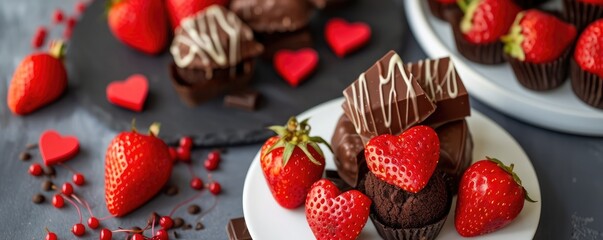 Heart-shaped desserts with chocolates and strawberries