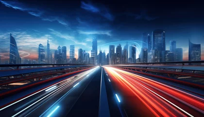 Raamstickers Snelweg bij nacht motion blur of highway with city background