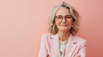 Elderly smiling happy confident woman 70s wearing pink jacket hold hands crossed folded look camera isolated on plain pastel light pink background studio portrait. People lifestyle fashion concept