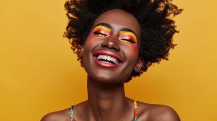 Excitement African American Fashion Model profile portrait . Satisfied Brunette young woman with afro hair style,creative yellow make up, lips and eyeshadows on colorful background - obrazy, fototapety, plakaty