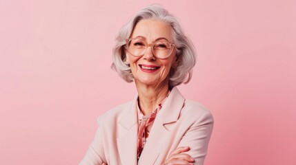 Elderly smiling happy confident woman 65s wearing pink jacket hold hands crossed folded look camera isolated on plain pastel light peach background studio portrait. People lifestyle fashion concept