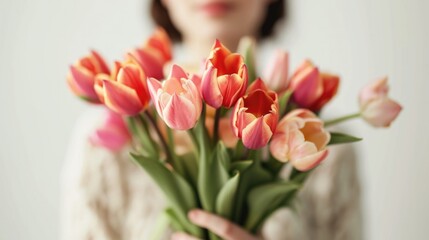 Bunch of tulips in woman's hands, shallow dof.