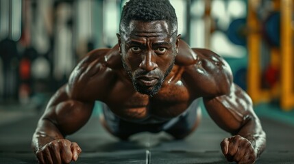 Fototapeta na wymiar Strong and full of energy. Handsome young African man in sport clothing doing push-ups while exercising in the gym