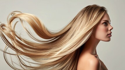 Beautiful blonde model with long , healthy , shiny and silky hair on white isolated background . Scalp and hair care concept, anti-loss and anti-brittle products . 