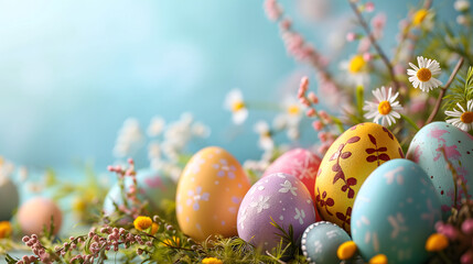Fototapeta na wymiar Easter festival social media background design with copy-space for text. Tiny colorful easter eggs at the corner of the picture with blurred natural ambience and blue background.