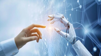 AI, Machine learning, Hands of robot and human touching on big data network connection, Data exchange, deep learning, Science and artificial intelligence technology, innovation of futuristic.