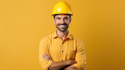 Handsome young man with protective helmet on his head and arms crossed, isolated on white background with copyspase