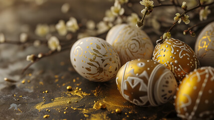 Obraz premium Easter festival social media background design with copy-space for text. Golden and white easter eggs with elegant pattern and glitter blurred natural ambience background.