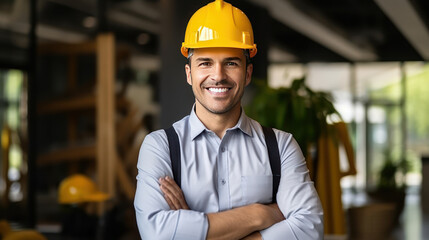 Handsome young man with protective helmet on his head and arms crossed, isolated on white background with copyspase