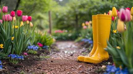 Yellow Rubber Wellington Boots in the Garden Trail Surrounded by Tulips and Pansies. Gardening Idea. - obrazy, fototapety, plakaty