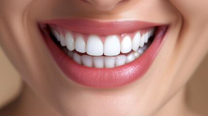 Close Up of Smiling Woman Mouth with Healthy, Beautiful, White Teeth. Dental Clinic Concept.
