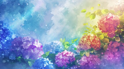 Fototapeta na wymiar A whimsical and dreamy watercolor illustration featuring vibrant hydrangeas under a soft, pastel sky, evoking a serene and artistic vibe.