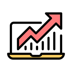 The growth graph rises past the laptop screen. Growth icon