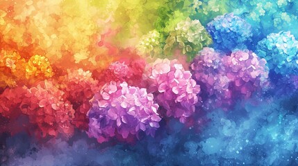 Fototapeta na wymiar A vivid and colorful abstract background featuring watercolor hydrangeas in a radiant gradient from warm to cool tones.