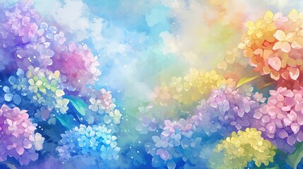 Fototapeta na wymiar Artistic watercolor background with colorful hydrangeas, blending dreamlike purples, blues, and soft yellows into a whimsical floral fantasy.