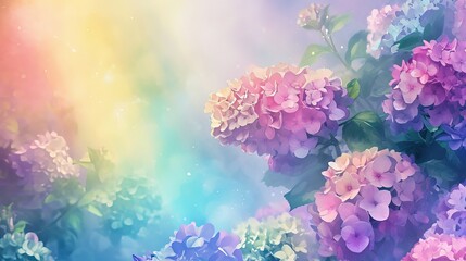 A magical depiction of a hydrangea garden bathed in an ethereal glow, with soft pastel colors creating a serene and enchanting atmosphere.