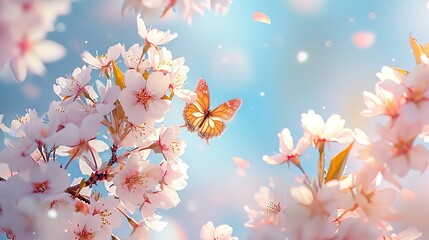 A delicate butterfly perches amidst cherry blossoms, with petals floating gently in the soft, sunlit sky.