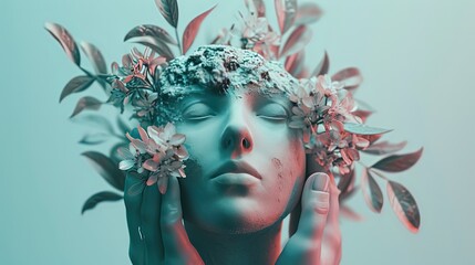 Surreal portrait of a human with a floral arrangement, showcasing a serene expression, immersed in a tranquil teal dreamscape.