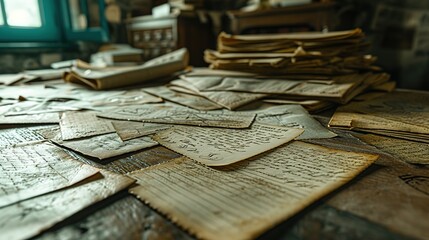 Close-up view of scattered aged handwritten letters and documents on an old rustic wooden table, evoking historical correspondence.