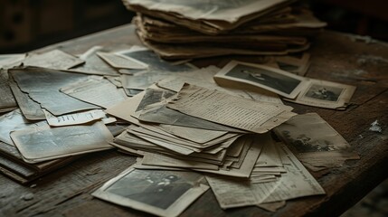 A collection of old photographs and tattered documents spread out on a vintage wooden desk, telling stories of the past. - obrazy, fototapety, plakaty