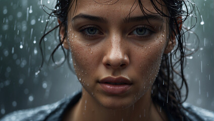 A woman in the rain, detailed raindrops, closeup - obrazy, fototapety, plakaty