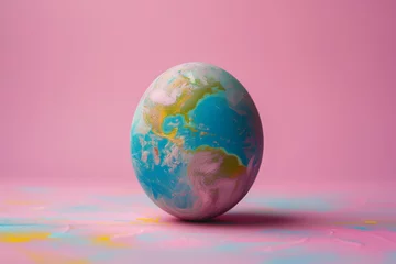 Fotobehang A captivating image showcasing an Easter egg transformed into a miniature Earth globe through skillful painting, symbolizing global unity and celebration during the festive season.  © Marija A.