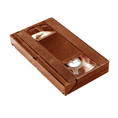 Old brown video cassette on a white and transparent background. PNG. Side view.