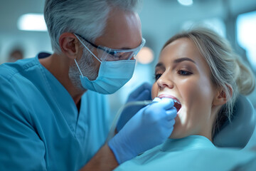Fototapeta premium A male dentist treats a woman's teeth.