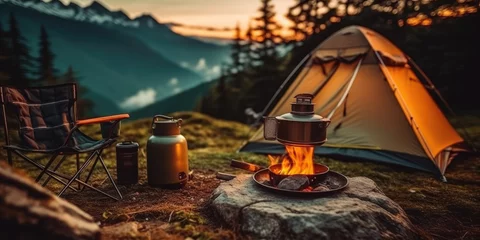 Fotobehang Kamperen camping in the mountains, camping in the night, Camp fire and tea pot, tent and mountains