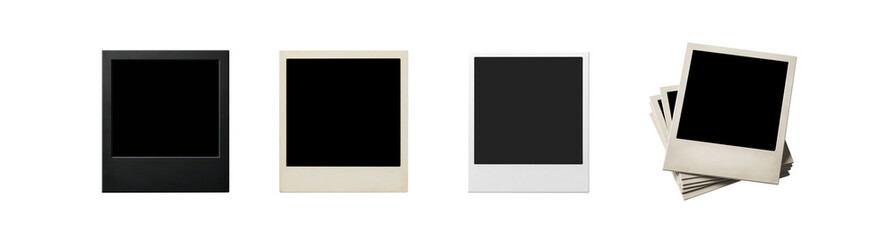 Set of old instant print photographs. Polaroid retro photograph frames. Transparent pen tool cutout background. Classic photography concept.  White and black versions. Set 2
