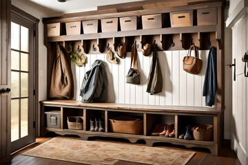 Fototapeta na wymiar A rustic mudroom with built-in storage cubbies, a vintage bench, and a salvaged wood coat rack, combining practicality and style for organizing outdoor essentials.