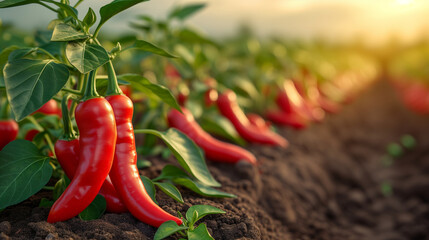 Chili on plant with chili field in background. - obrazy, fototapety, plakaty