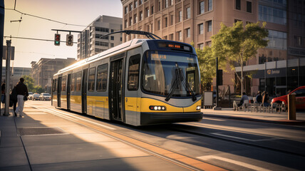 Modern tram on city street at sunset with urban architecture