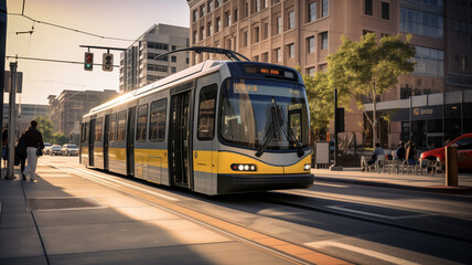 Obraz premium Modern tram on city street at sunset with urban architecture