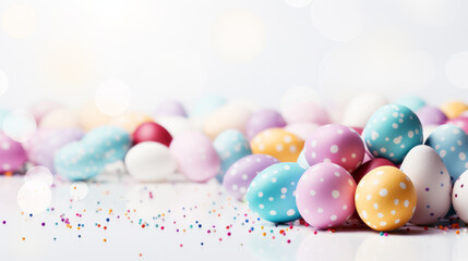 Fototapeta na wymiar Easter eggs decoration background for cards, wallpapers with copy space
