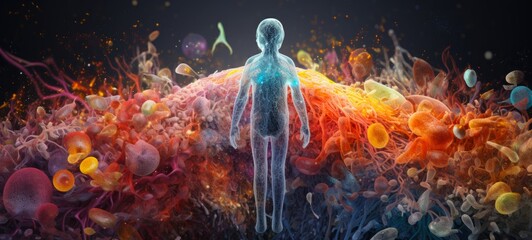 Abstract human microbiome background banner - Close up of man and microbes viruses, bacteria and mushrooms, genetic material texture, intestinal flora, microflora