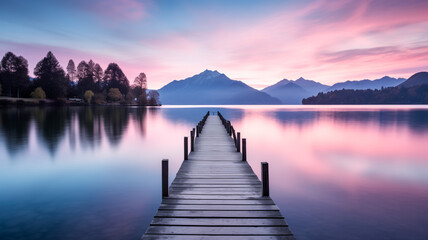 Serene lake at sunset with wooden pier and mountain backdrop