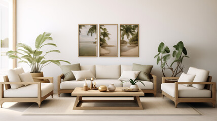 Elegant living room interior with beach triptych wall art - obrazy, fototapety, plakaty