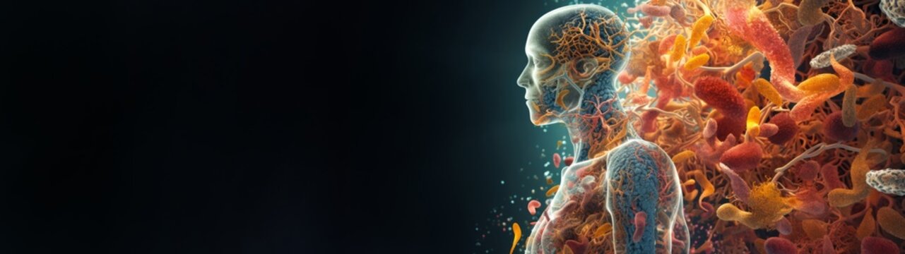 Abstract human microbiome background banner panorama long - Close up of man and microbes viruses, bacteria and mushrooms, genetic material texture, intestinal flora, microflora