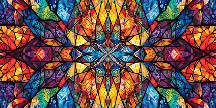 A symmetrical geometric design reminiscent of stained glass windows, with intricate patterns and vibrant hues.