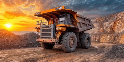 Mining dump truck machine on a dirt terrain - obrazy, fototapety, plakaty