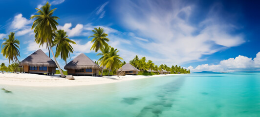 Fototapeta na wymiar Luxury beach resort villas under palm trees on a tropical island