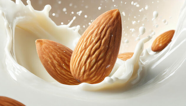 Almond nut falling into almond milk splash, 3d illustration. and full depth of field