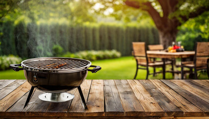 BBq grill in the back yard background with empty wooden table - obrazy, fototapety, plakaty