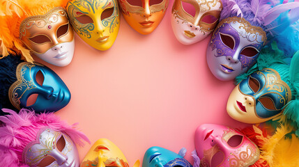 Border made of colorful venetian carnival masks on a pastel background in the style of minimalism