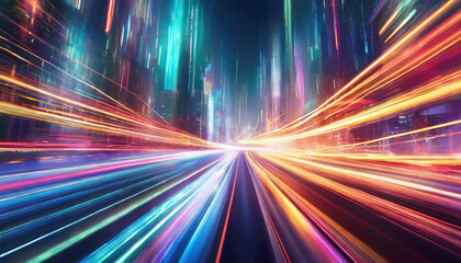 Fototapeta na wymiar Cyberpunk light trails in motion or light slow shutter effect. Acceleration speed motion on night road. Bright sparkling background. Panoramic high speed technology concept, light abstract background