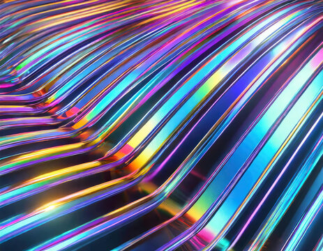 3d render. Abstract modern geometric background of metal stripes and neon light. Iridescent ultraviolet futuristic wallpaper