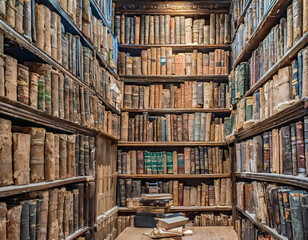 A wall full of Old ancient books of a library, holding many historical books and manuscripts