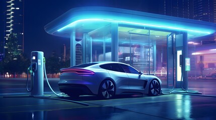 Electric car charging at a gas station in the city, industrial landscape, neon elements, healthy environment without harmful emissions. Eco concept. 
