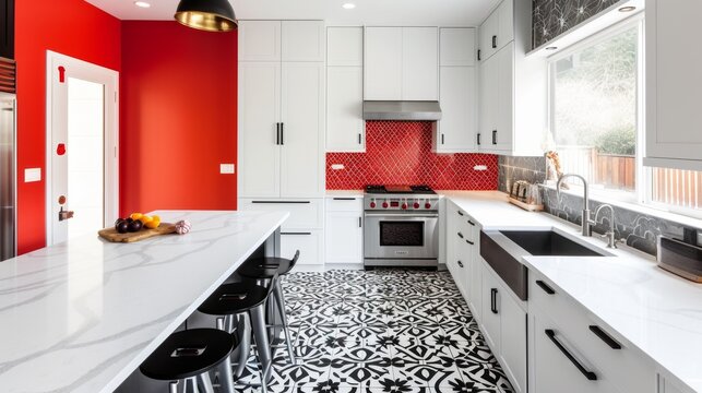 Red Kitchen with Geometric Black & White Tiles